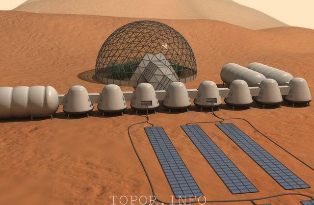 Марсианская база с жилыми модулями и теплицей